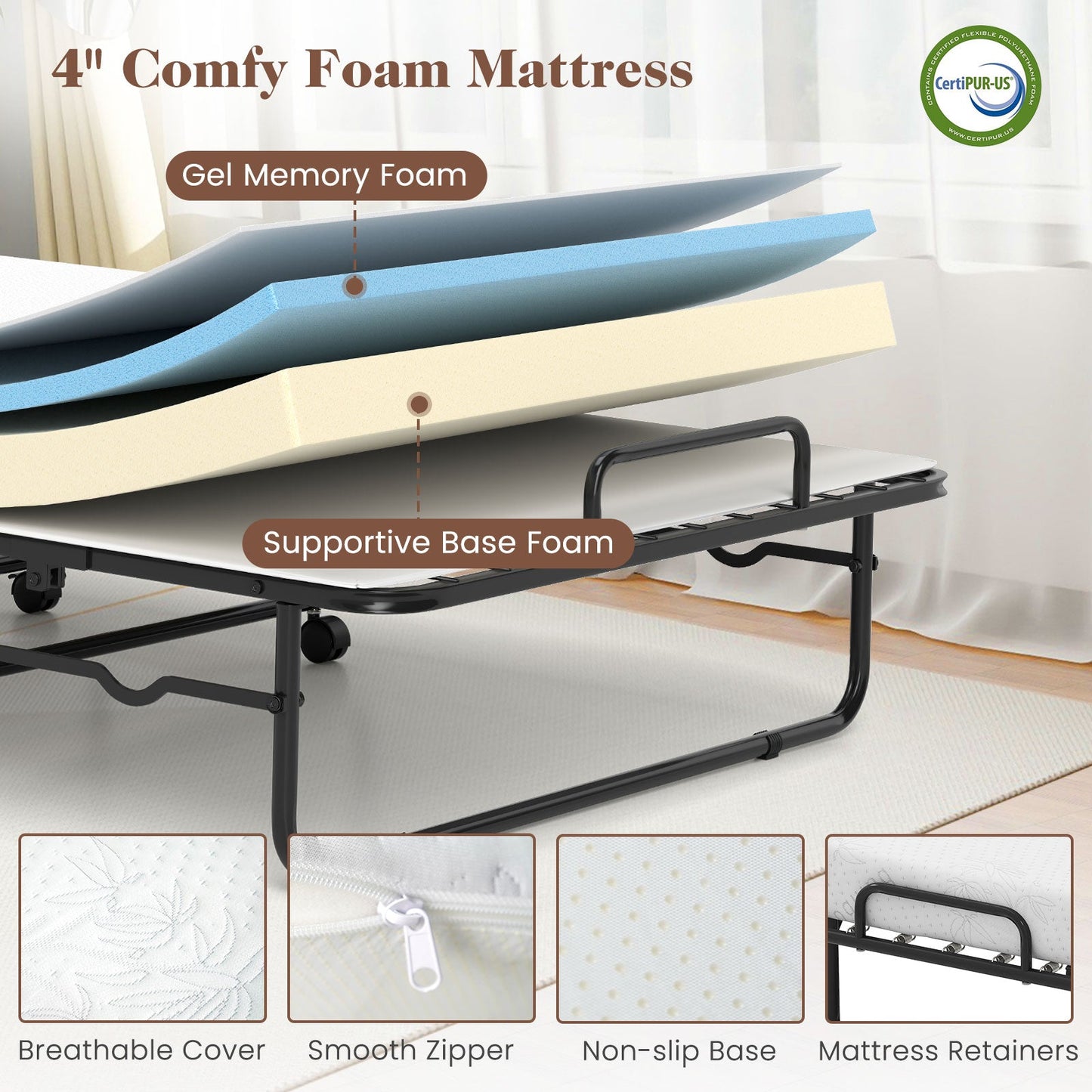 Cot Size Folding Bed Frame with Memory Foam Mattress and Metal Frame