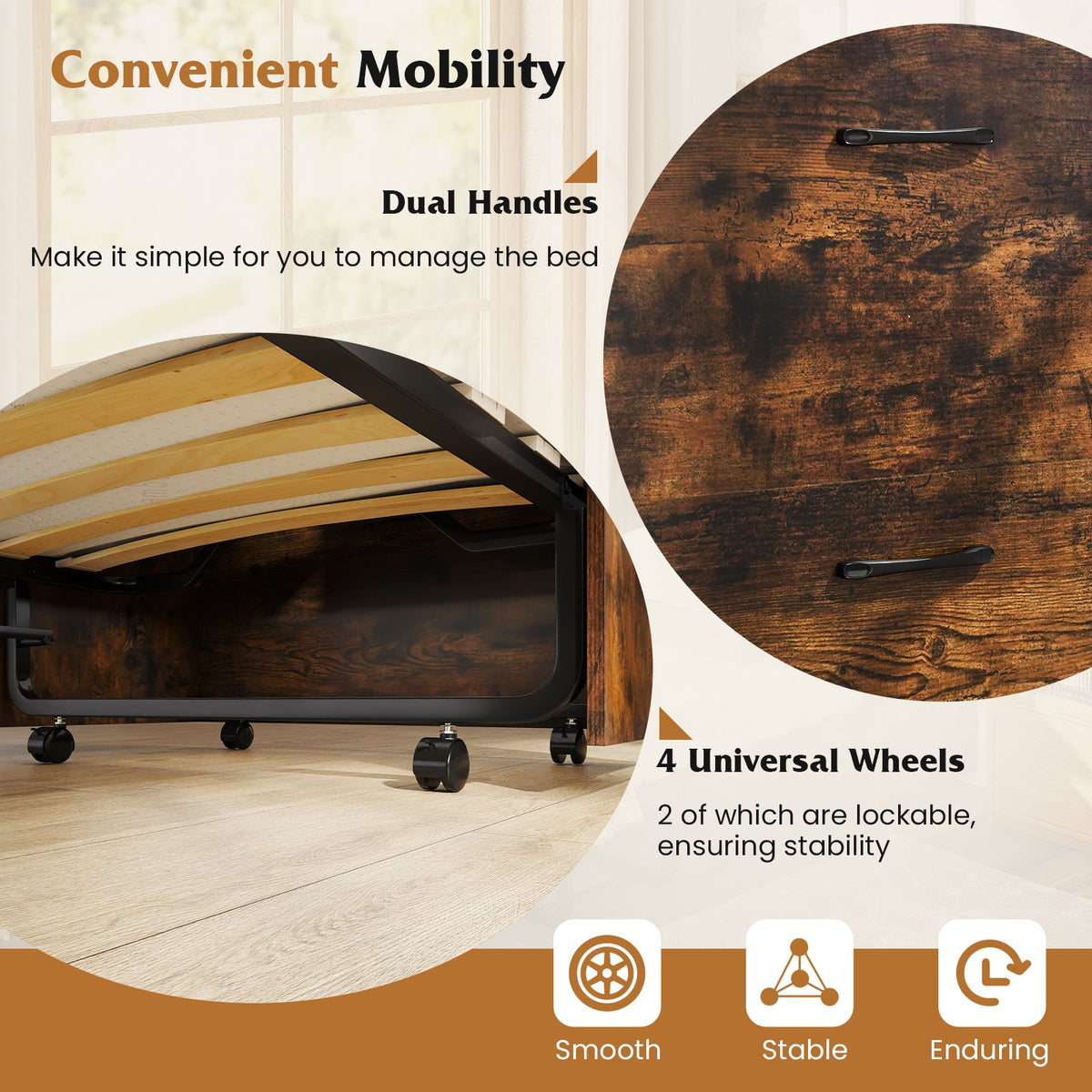 Cot Size Murphy Bed with Foldable Bed and Lockable Wheels
