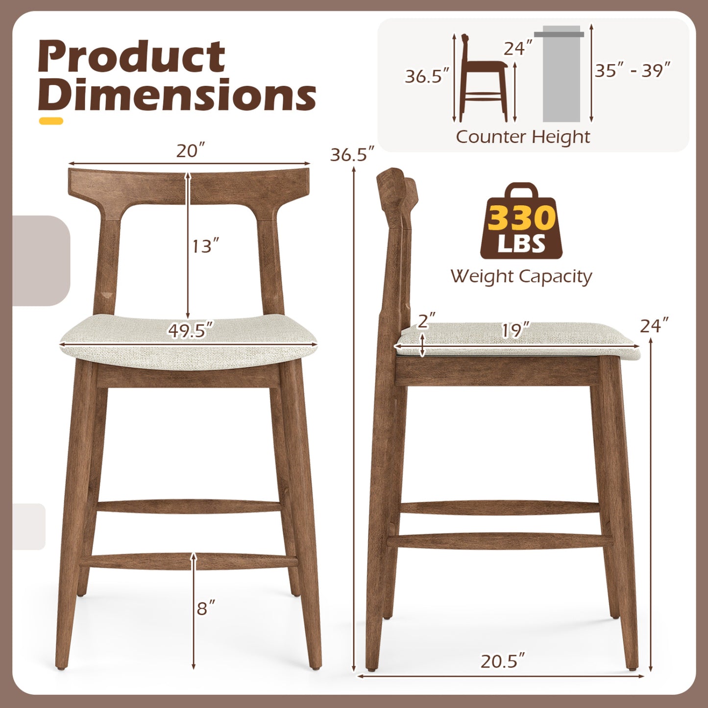 24-Inch Counter Height Bar Stool with Curved Back - Walnut