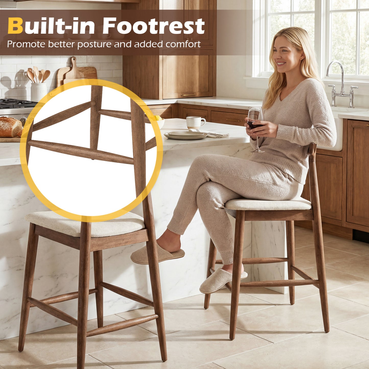 24-Inch Counter Height Bar Stool with Curved Back - Walnut