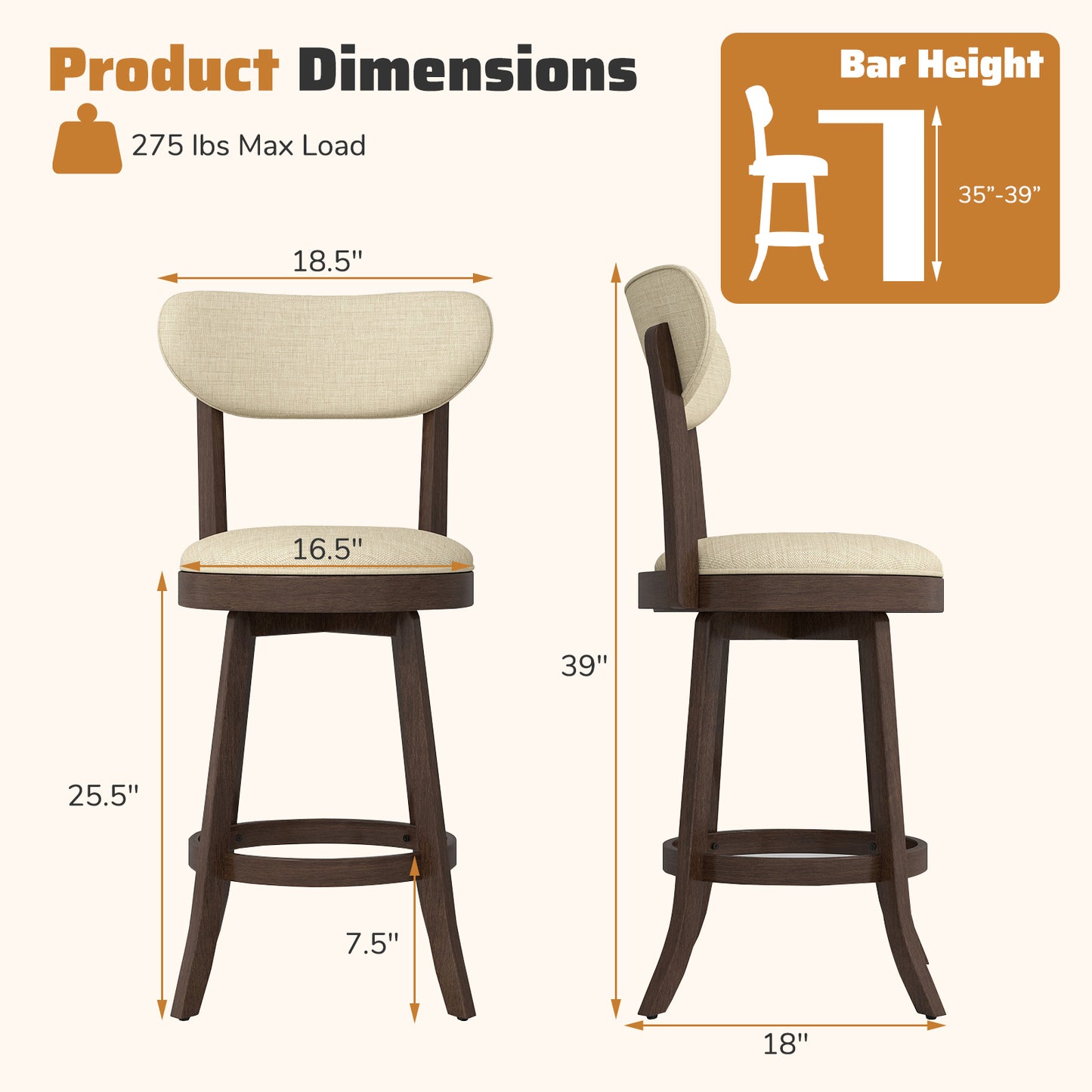 Counter Height Swivel Bar Stools Set of 2 with Padded Seat