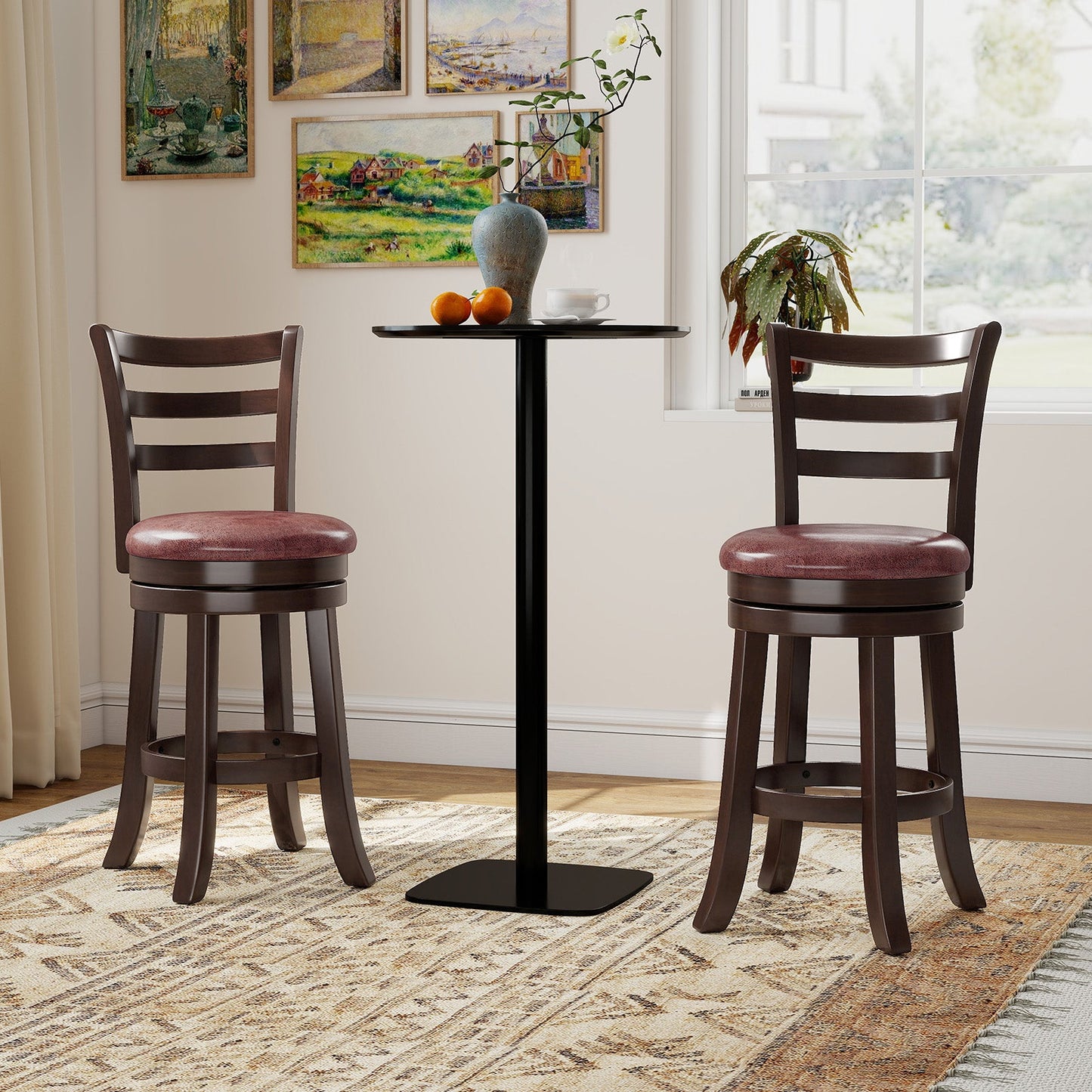 Counter Height Swivel Barstools Set of 2 with Faux Leather Seat and Wrap-around Footrest
