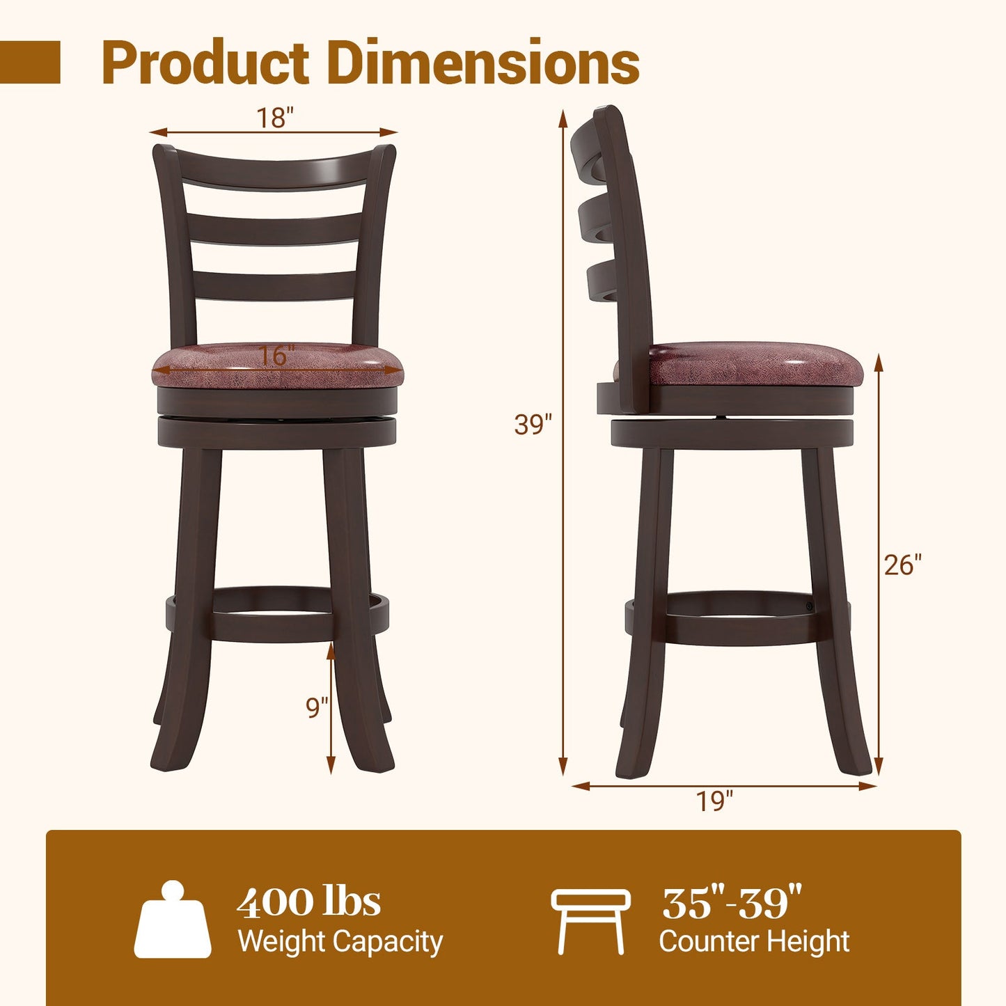 Counter Height Swivel Barstools Set of 2 with Faux Leather Seat and Wrap-around Footrest