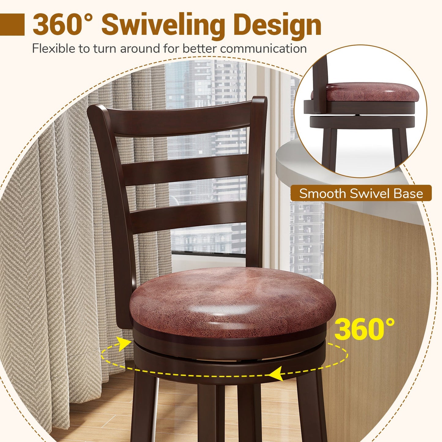 Counter Height Swivel Barstools Set of 2 with Faux Leather Seat and Wrap-around Footrest