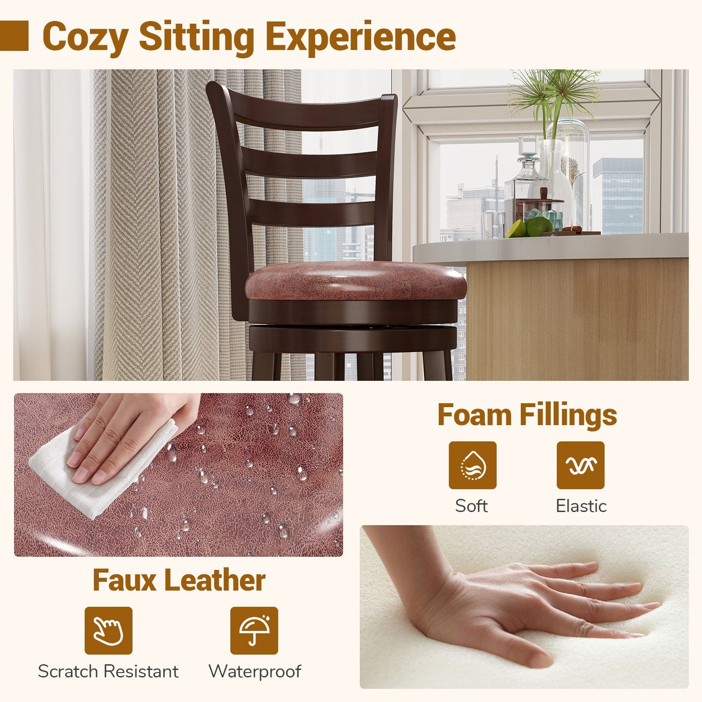 Counter Height Swivel Barstools Set of 2 with Faux Leather Seat and Wrap-around Footrest