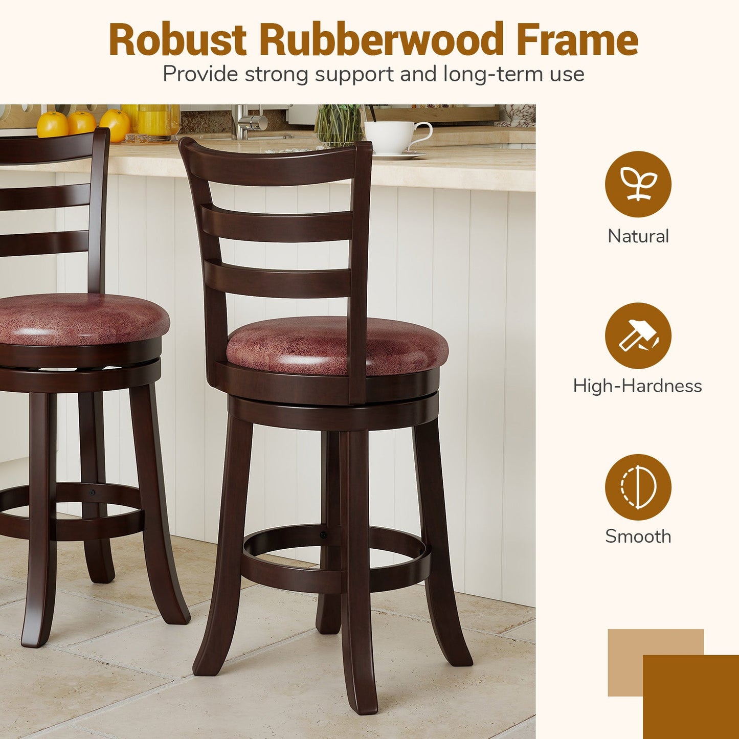 Counter Height Swivel Barstools Set of 2 with Faux Leather Seat and Wrap-around Footrest
