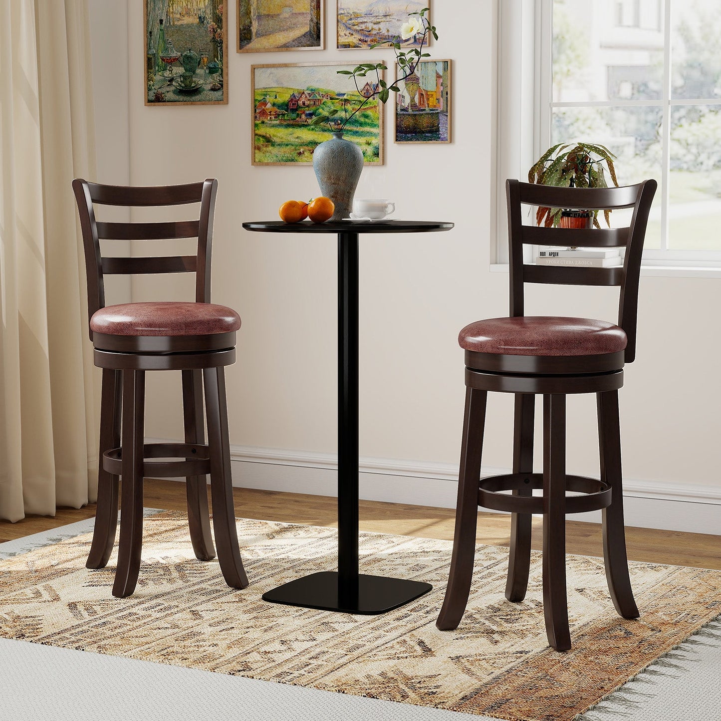 Counter Height Swivel Barstools Set of 2 with Faux Leather Seat and Wrap-around Footrest
