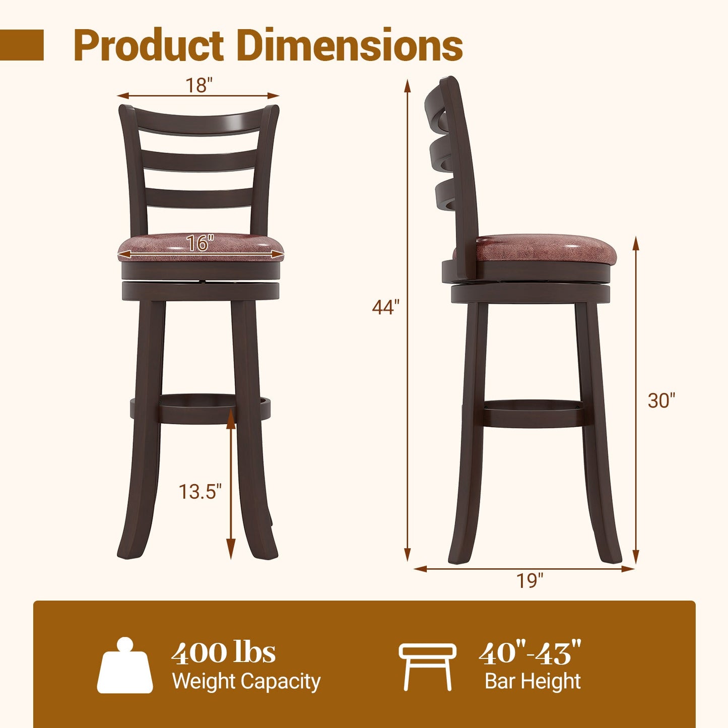 Counter Height Swivel Barstools Set of 2 with Faux Leather Seat and Wrap-around Footrest