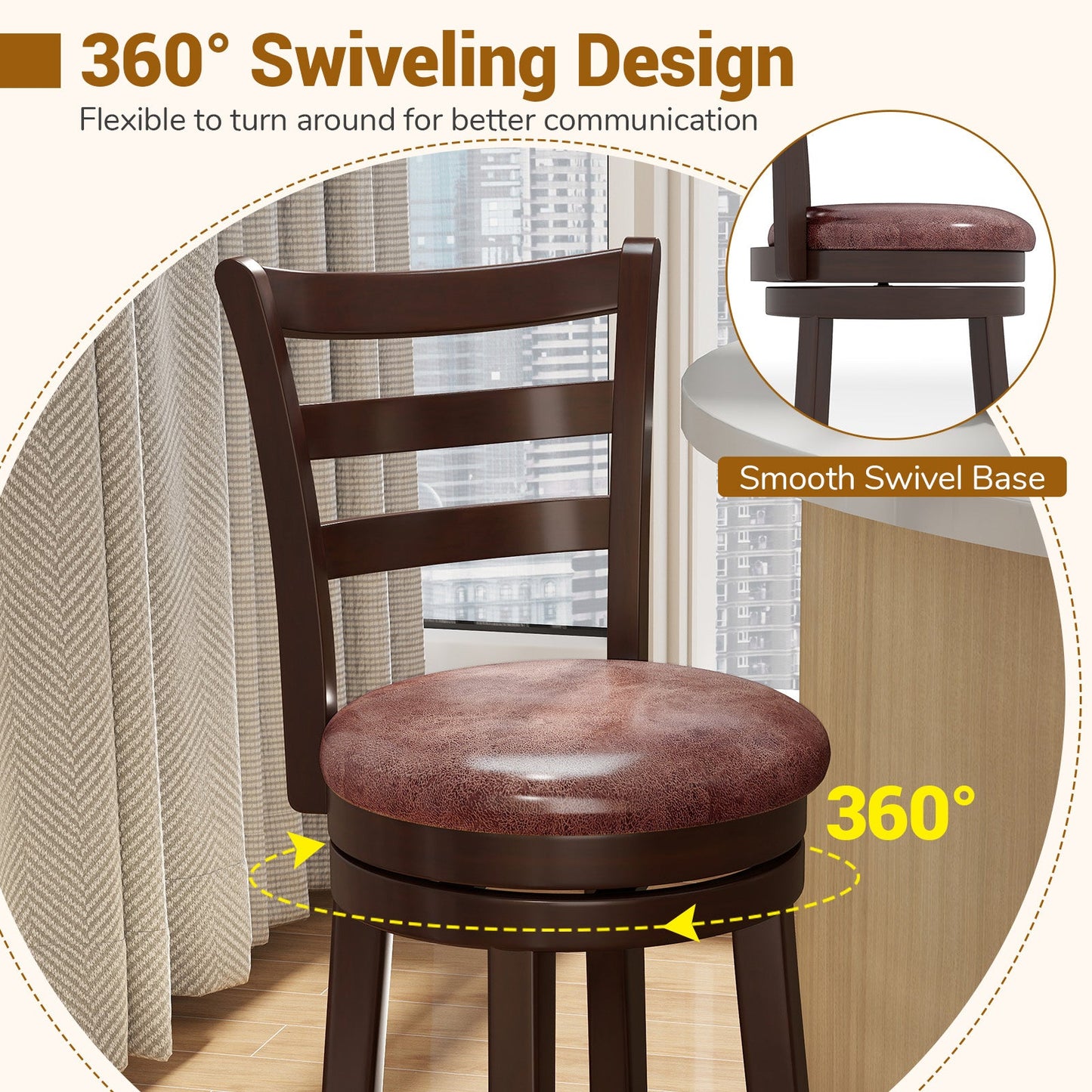Counter Height Swivel Barstools Set of 2 with Faux Leather Seat and Wrap-around Footrest