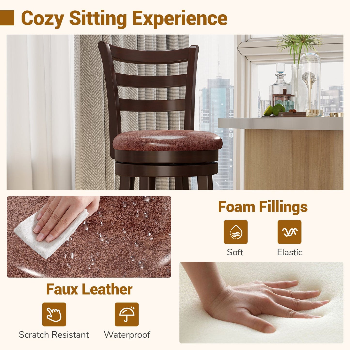 Counter Height Swivel Barstools Set of 2 with Faux Leather Seat and Wrap-around Footrest
