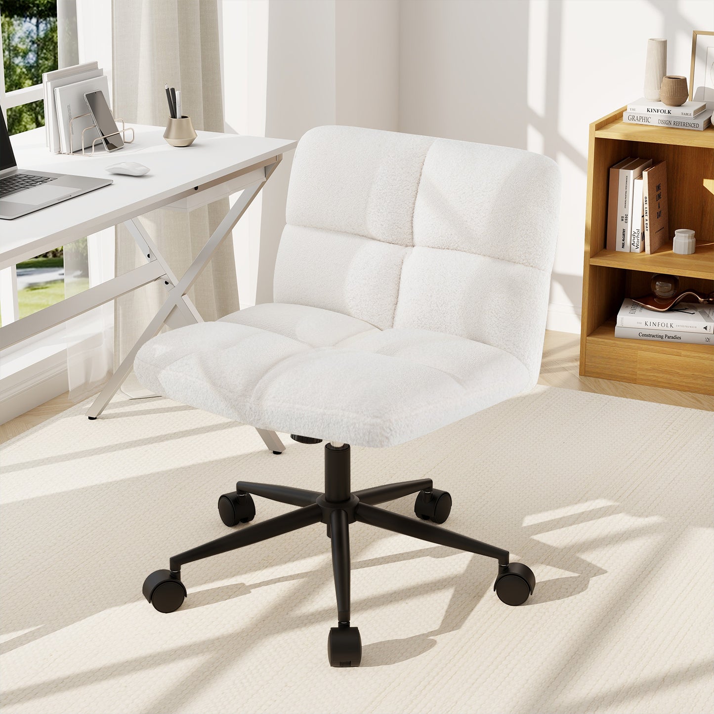 Adjustable Cross Legged Office Chair with Wheels - Beige