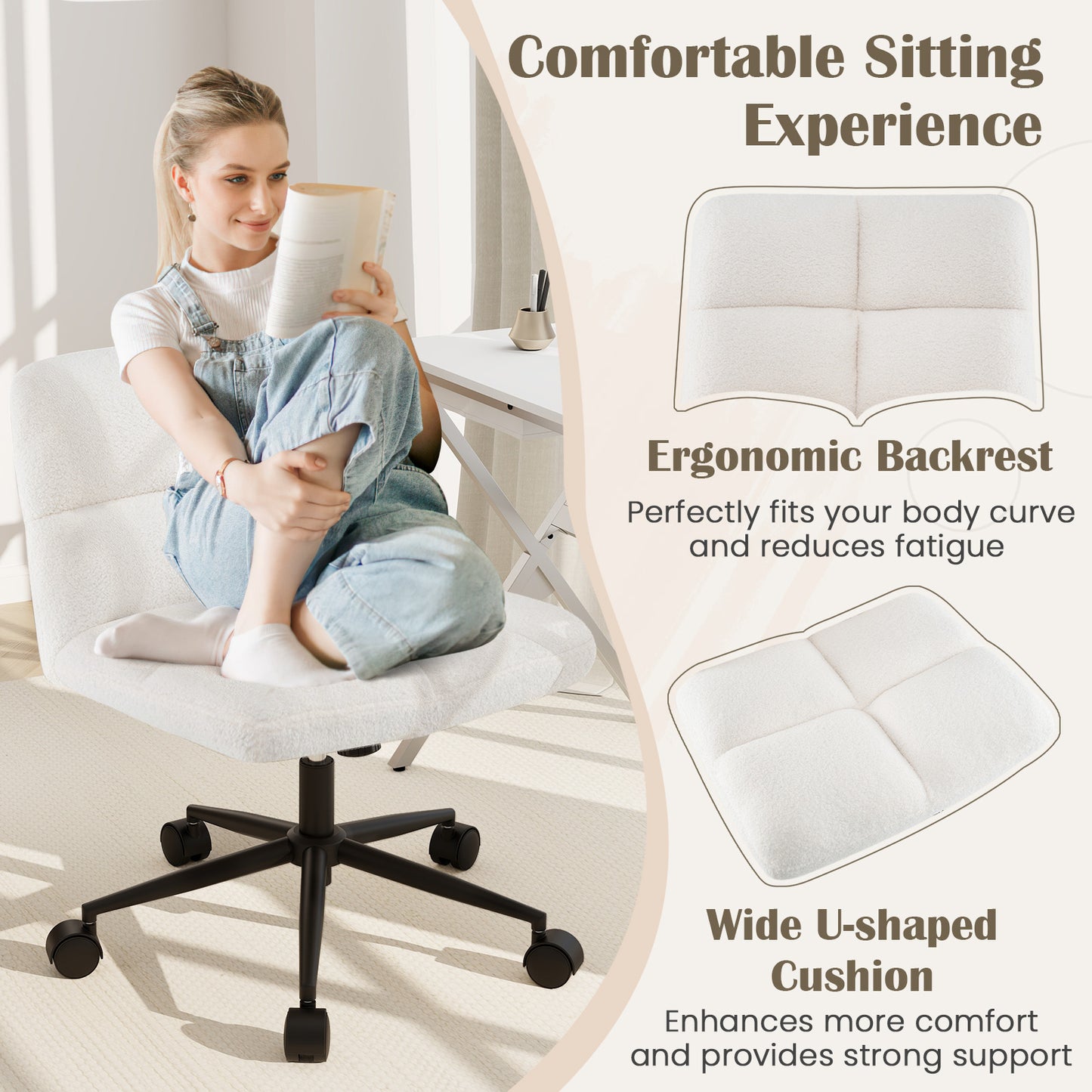 Adjustable Cross Legged Office Chair with Wheels - Beige