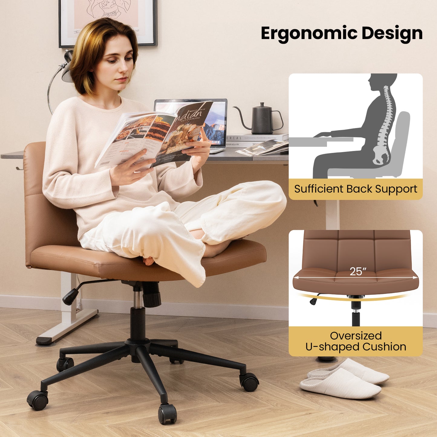 Armless Desk Chair with Wheels - Height Adjustable