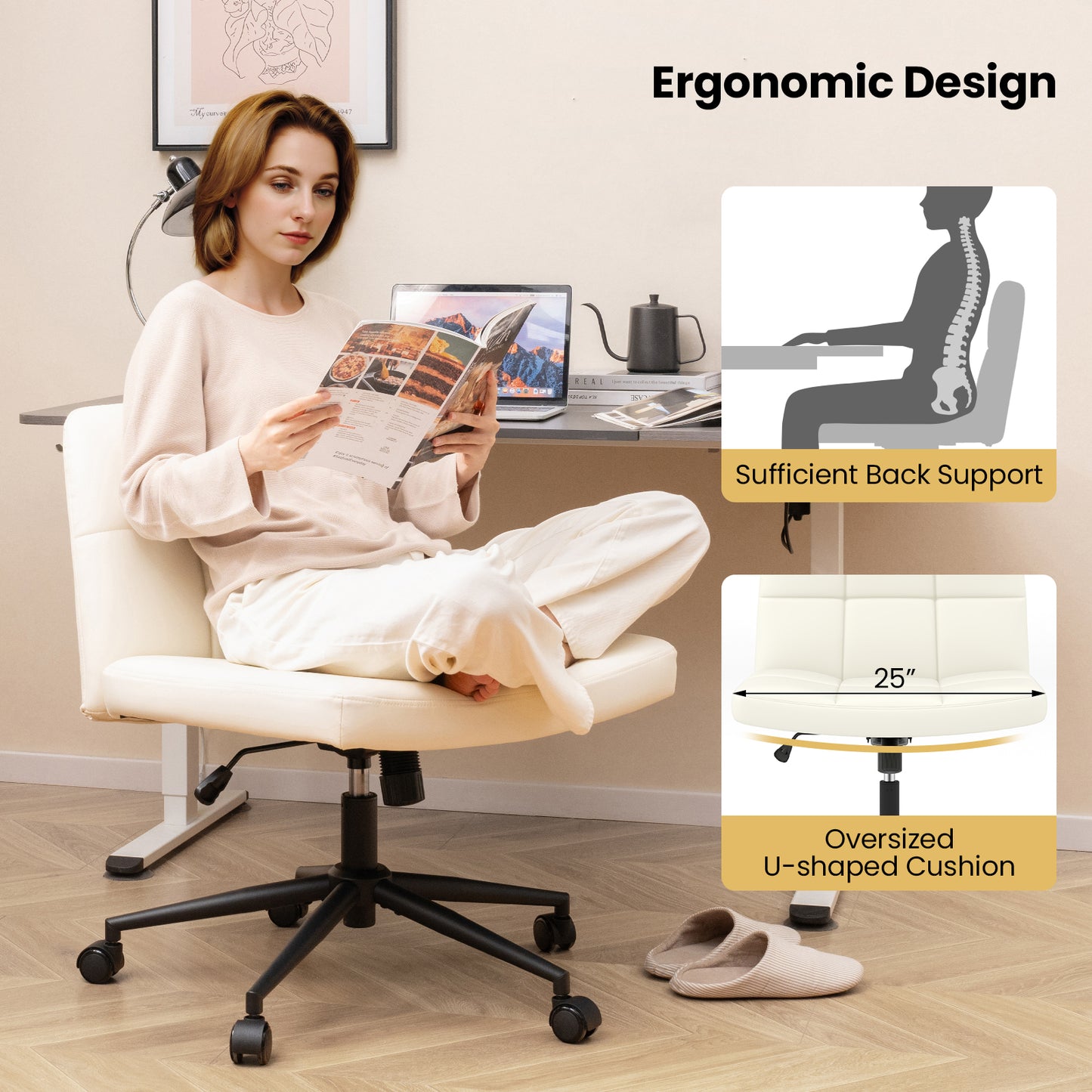 Armless Desk Chair with Wheels - Height Adjustable