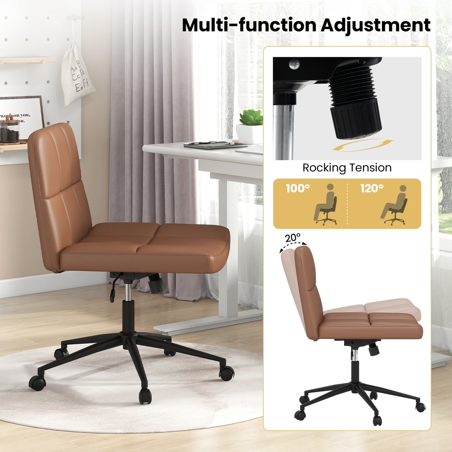 Armless Desk Chair with Wheels - Height Adjustable