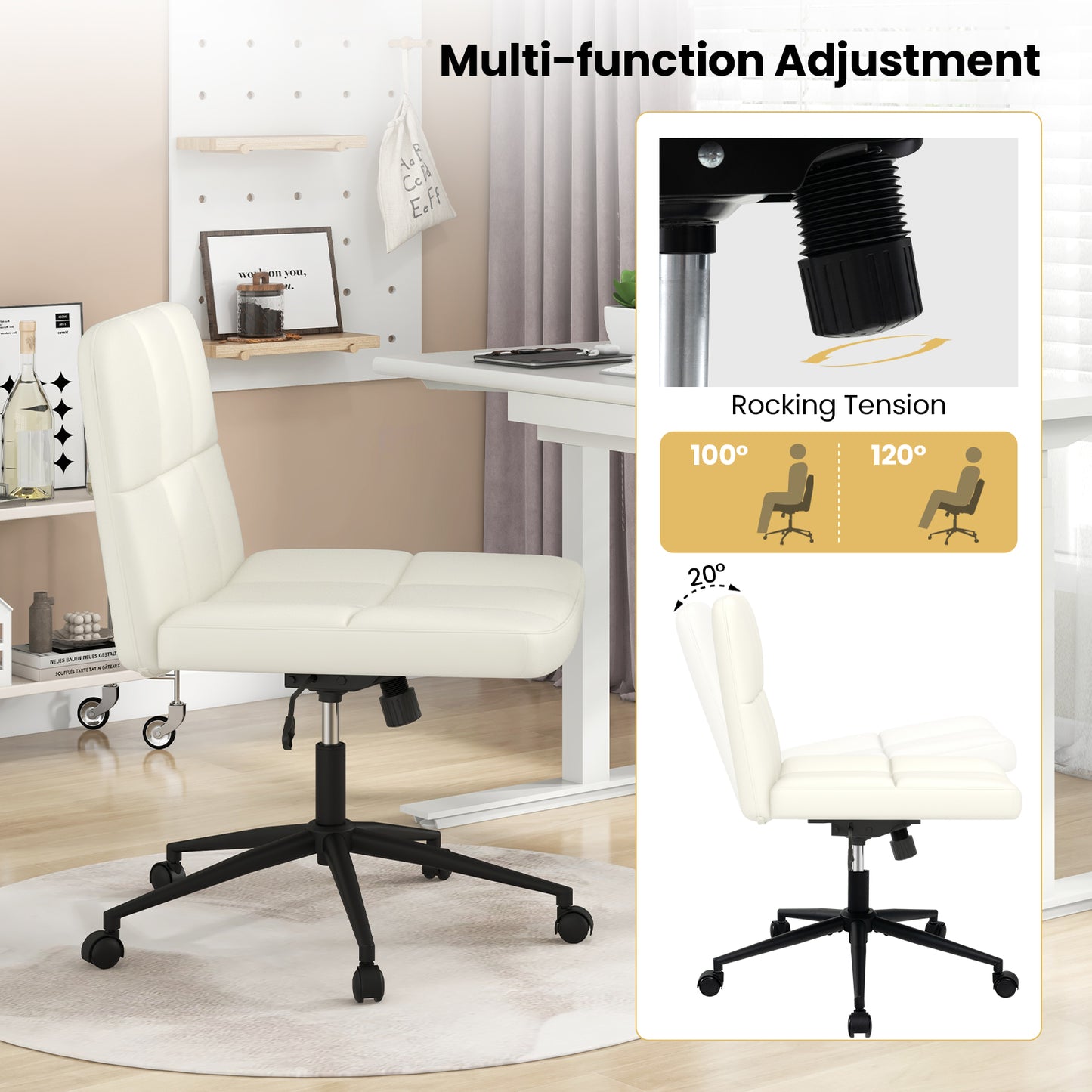 Armless Desk Chair with Wheels - Height Adjustable