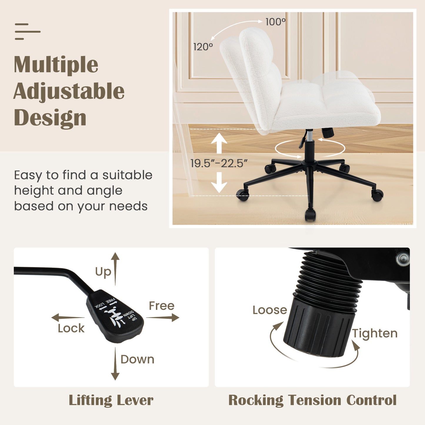 Adjustable Cross Legged Office Chair with Wheels - Beige