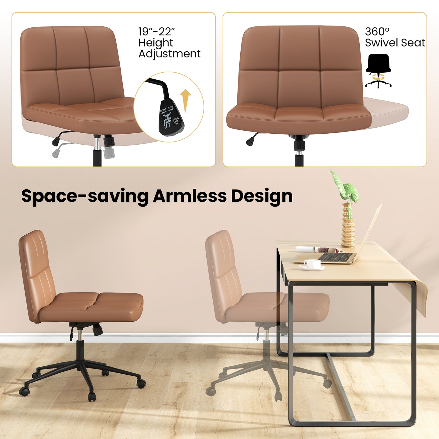 Armless Desk Chair with Wheels - Height Adjustable
