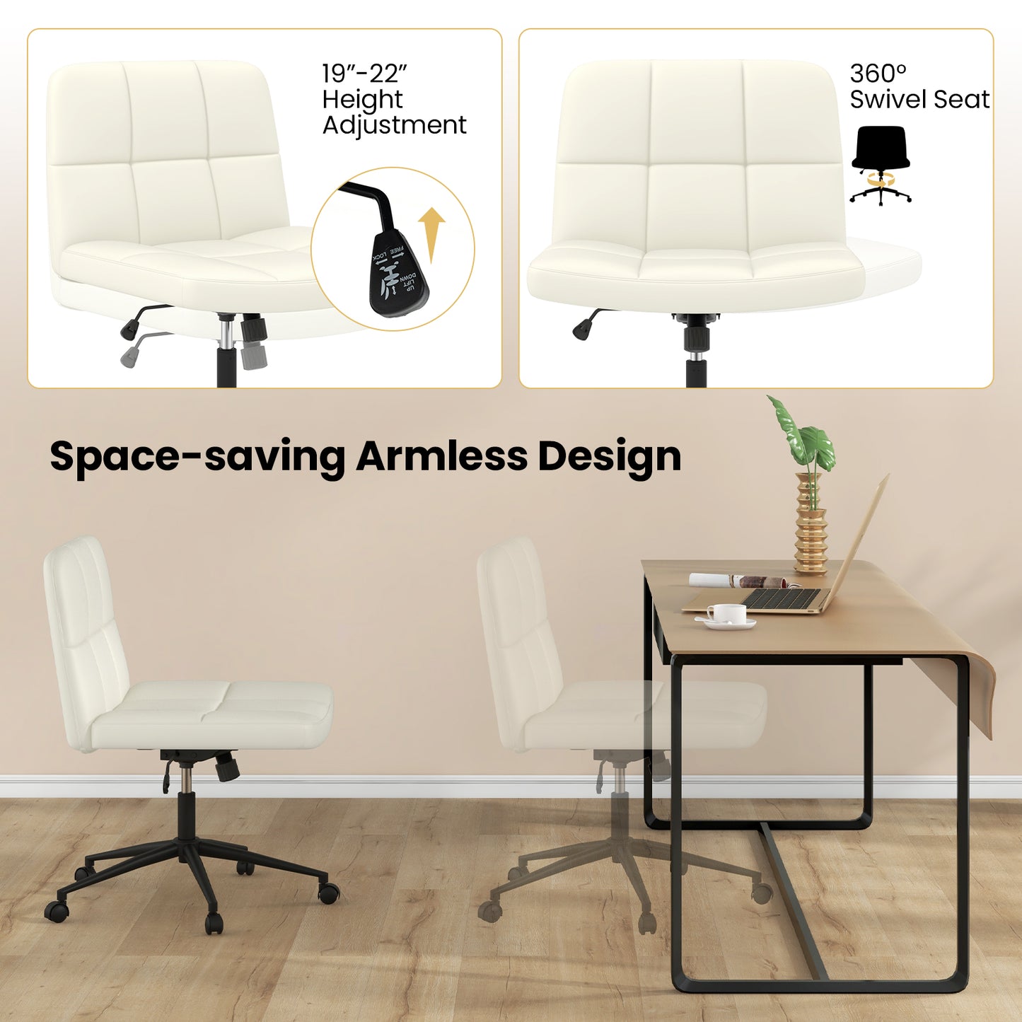 Armless Desk Chair with Wheels - Height Adjustable