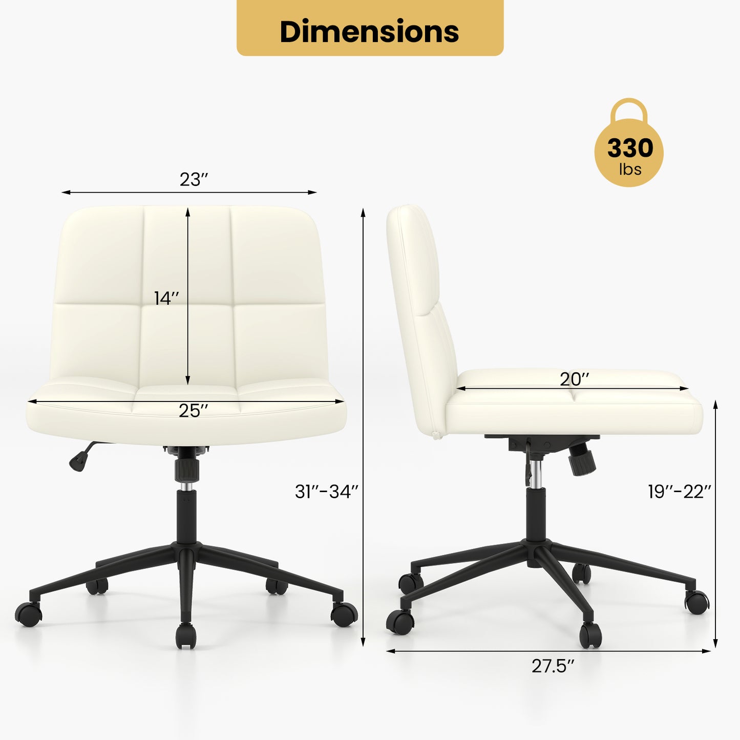 Armless Desk Chair with Wheels - Height Adjustable