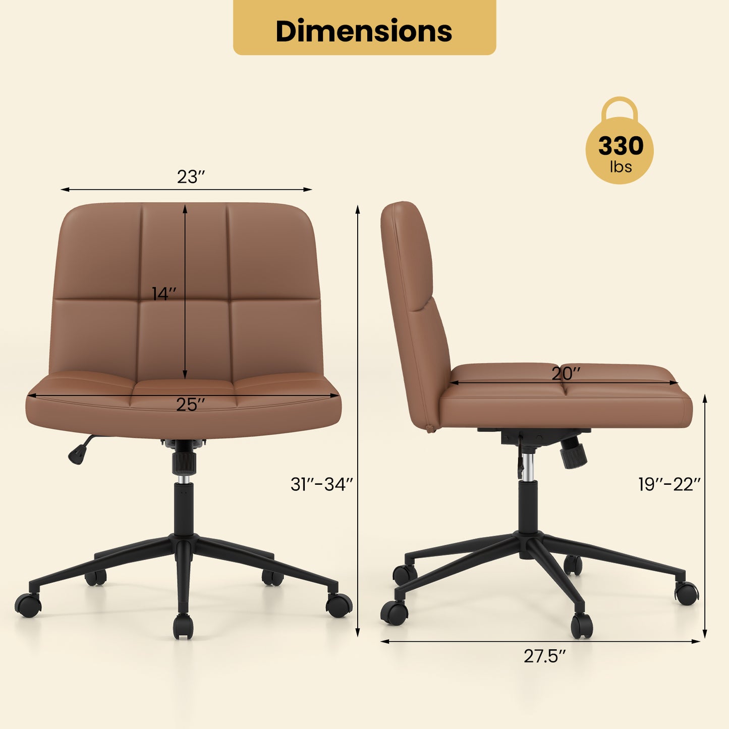 Armless Desk Chair with Wheels - Height Adjustable