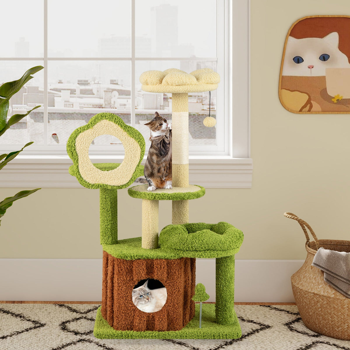 Cute Cat Tree for Adult Cats Multi-level Kitty Tower with Trunk Condo-Green