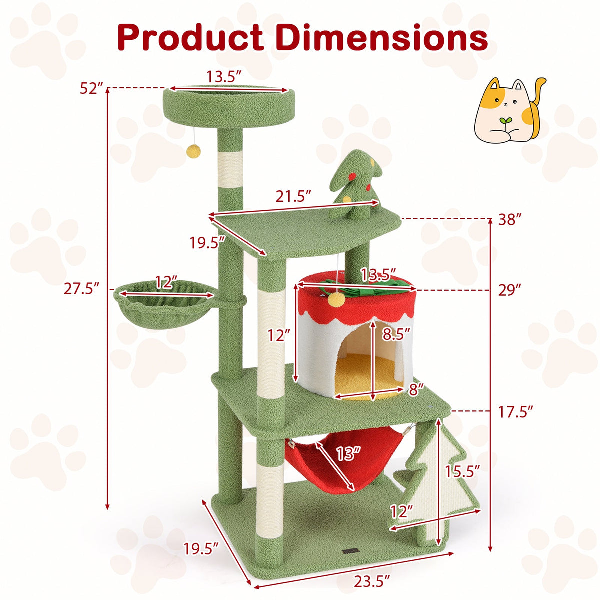 Cute Christmas Cat Tree with Sisal Scratching Posts and Gift Box Shaped Condo-Green