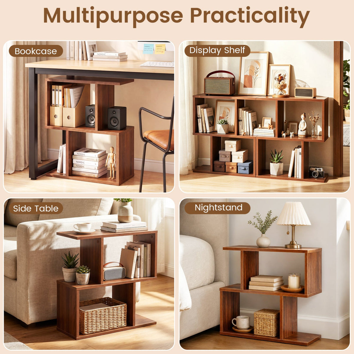 3-Tier S-Shape Storage Shelf with Open Shelves