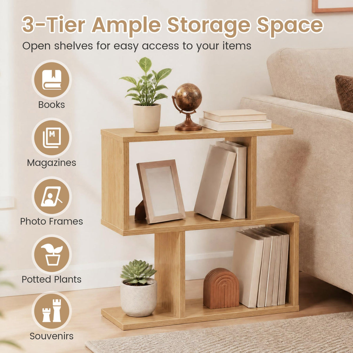 3-Tier S-Shape Storage Shelf with Open Shelves
