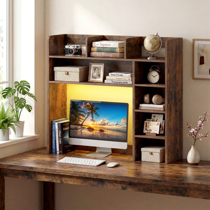 Desktop Bookshelf with LED Lights 35.5" Desk Hutch Organizer