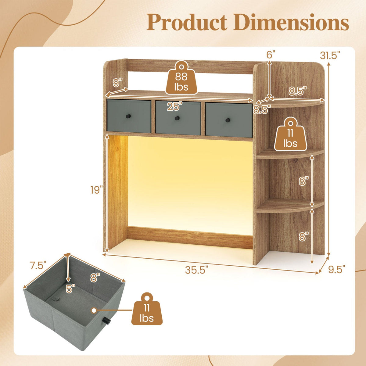 Desktop Bookshelf with LED Lights 5-Tier Storage & 3 Drawers