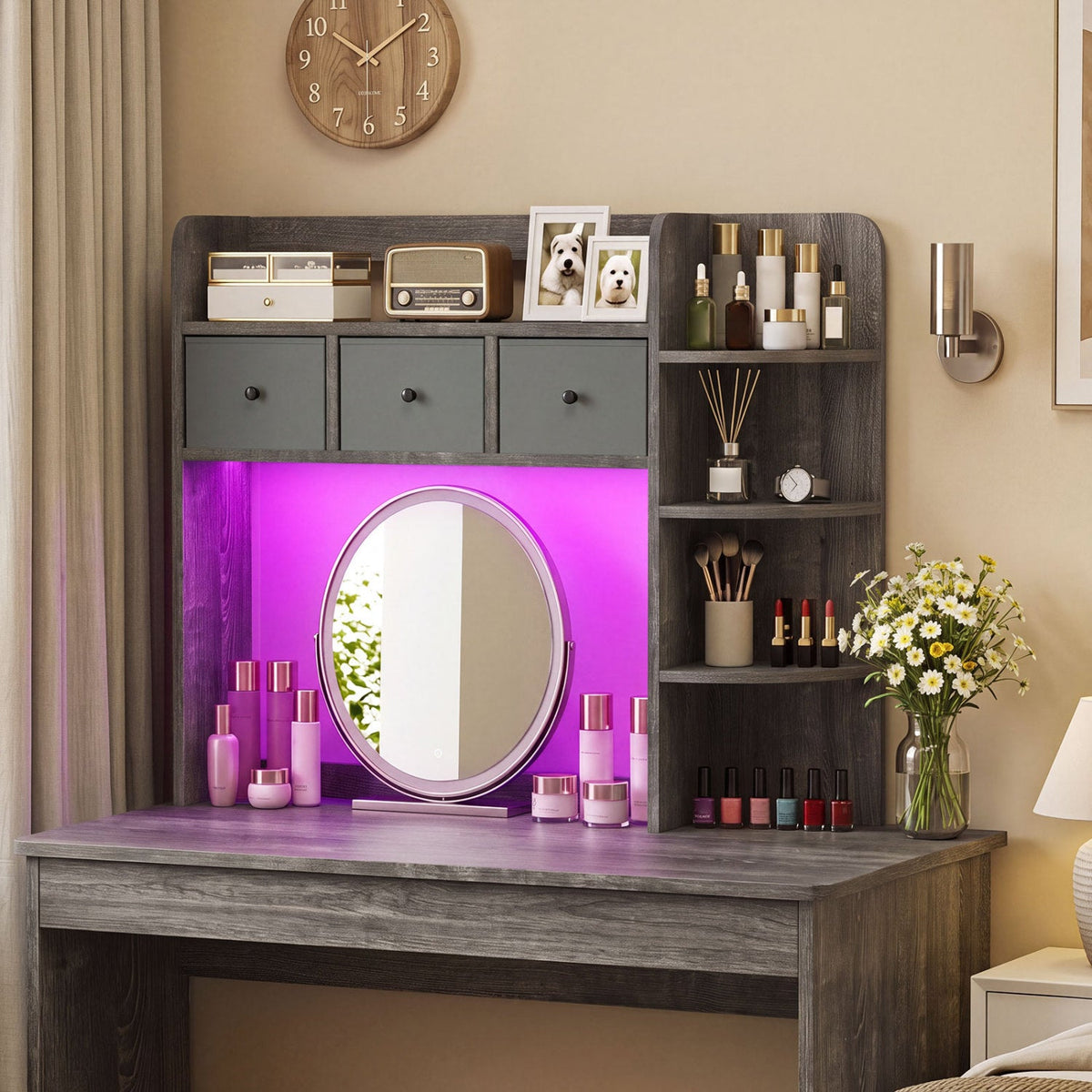 Desktop Bookshelf with LED Lights 5-Tier Storage & 3 Drawers