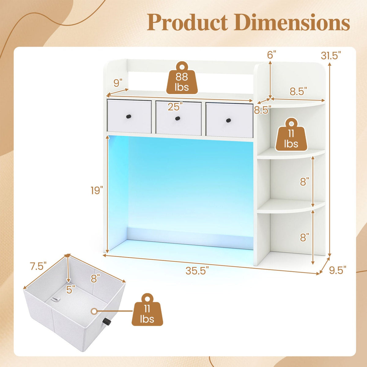 Desktop Bookshelf with LED Lights 5-Tier Storage & 3 Drawers