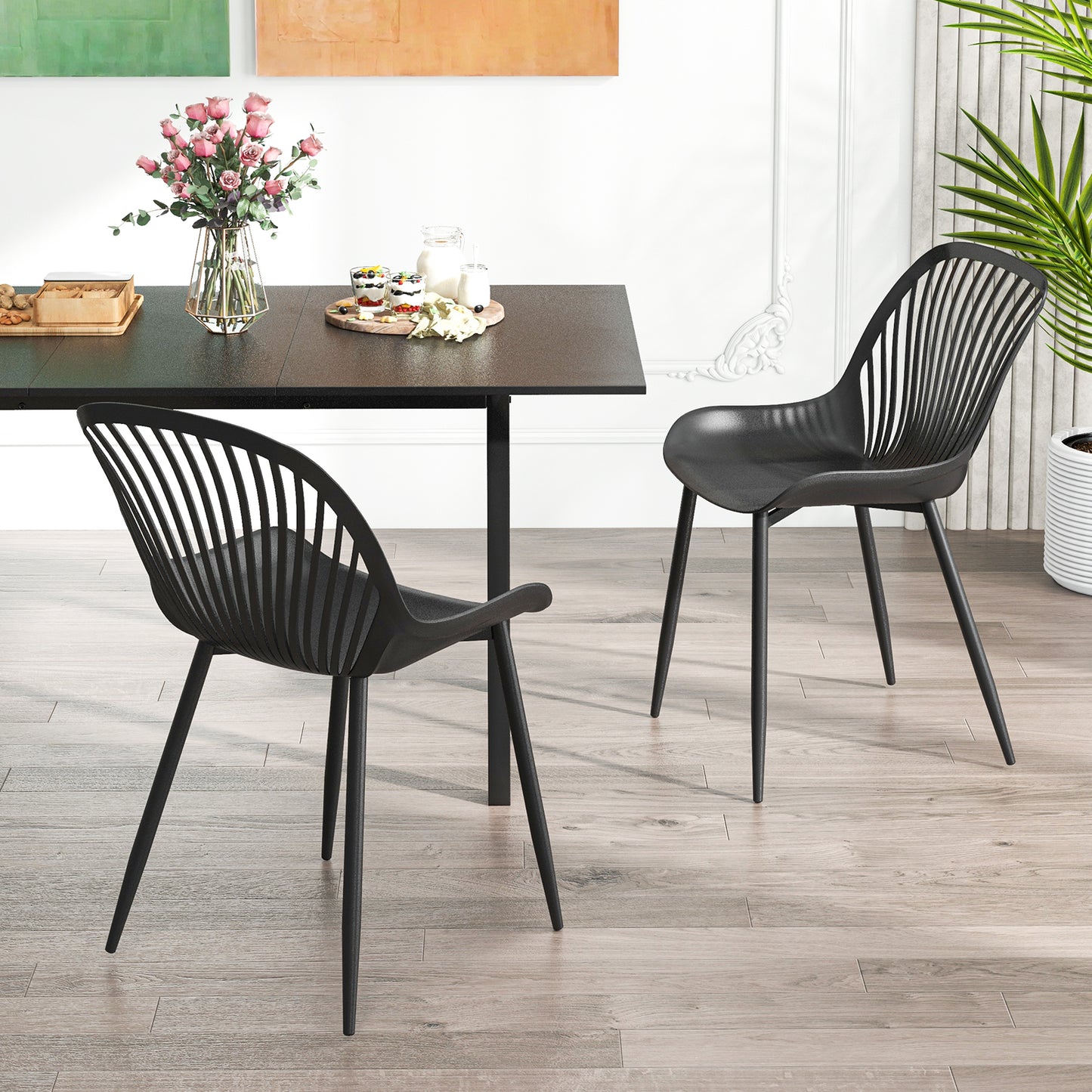 Dining Chairs with Cutout Backrest and Metal Legs - Black