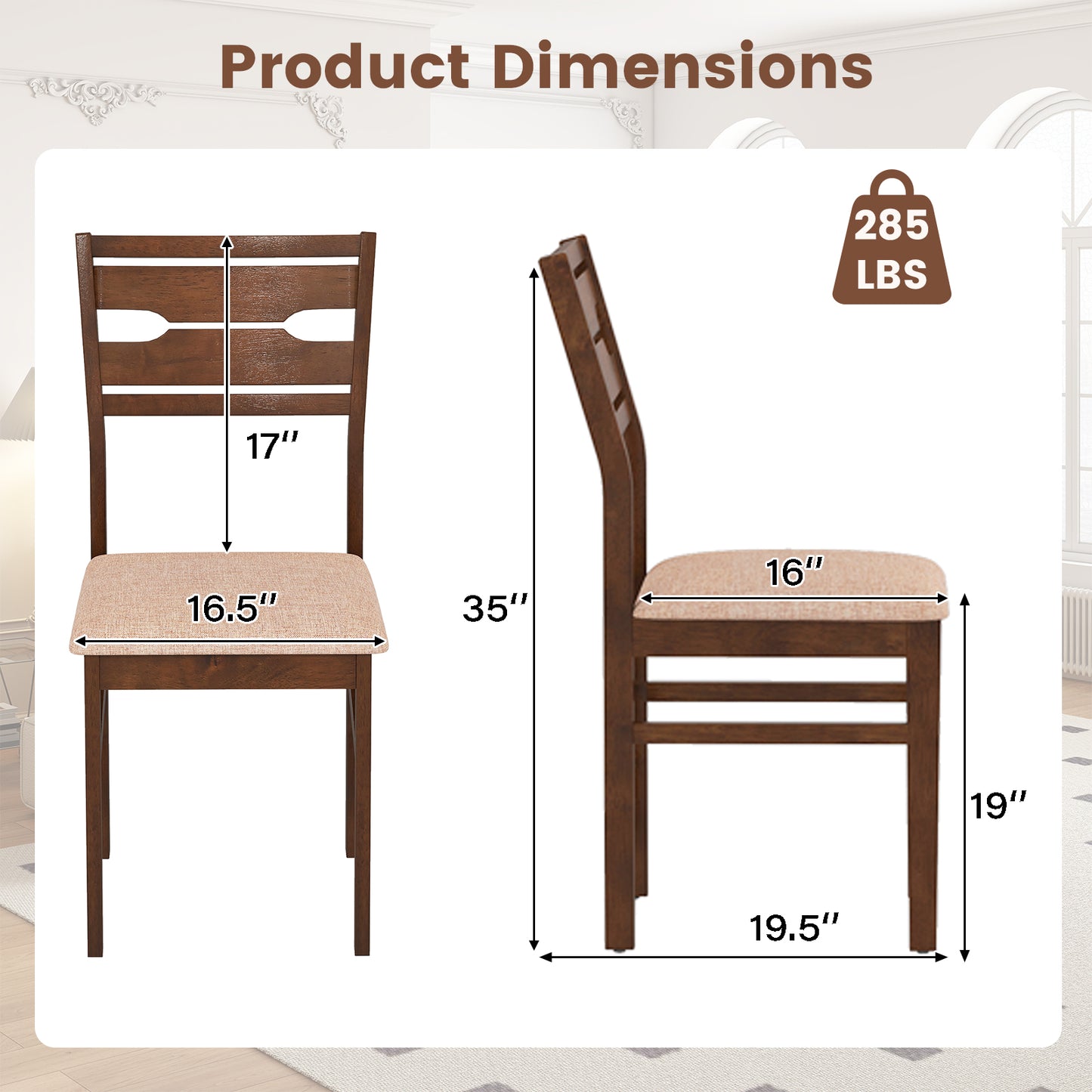 Dining Chairs Set of 2 with Padded Seat and Rubber Wood Frame