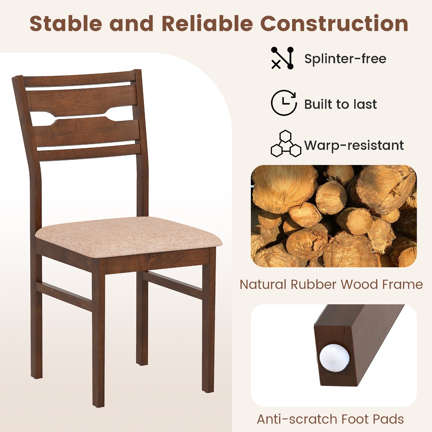 Dining Chairs Set of 2 with Padded Seat and Rubber Wood Frame