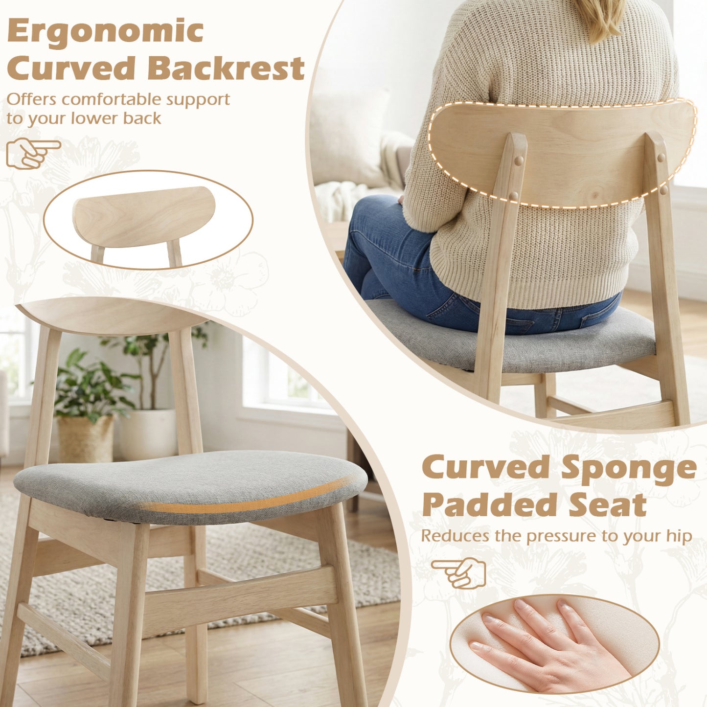 Upholstered Dining Chairs Set of 2 with Curved Backrest