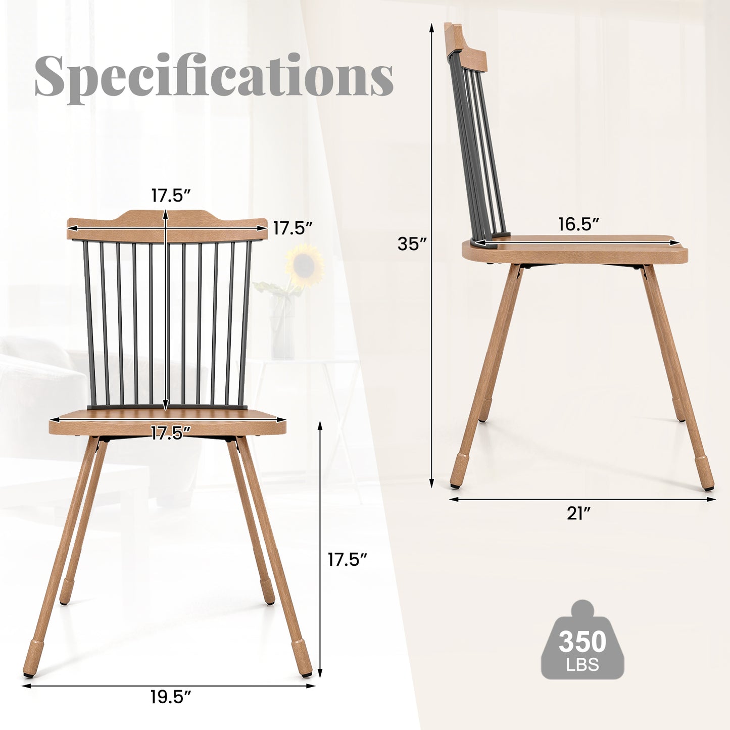 Dining Chairs Set of 2 with Spindle Back and Contoured Seat