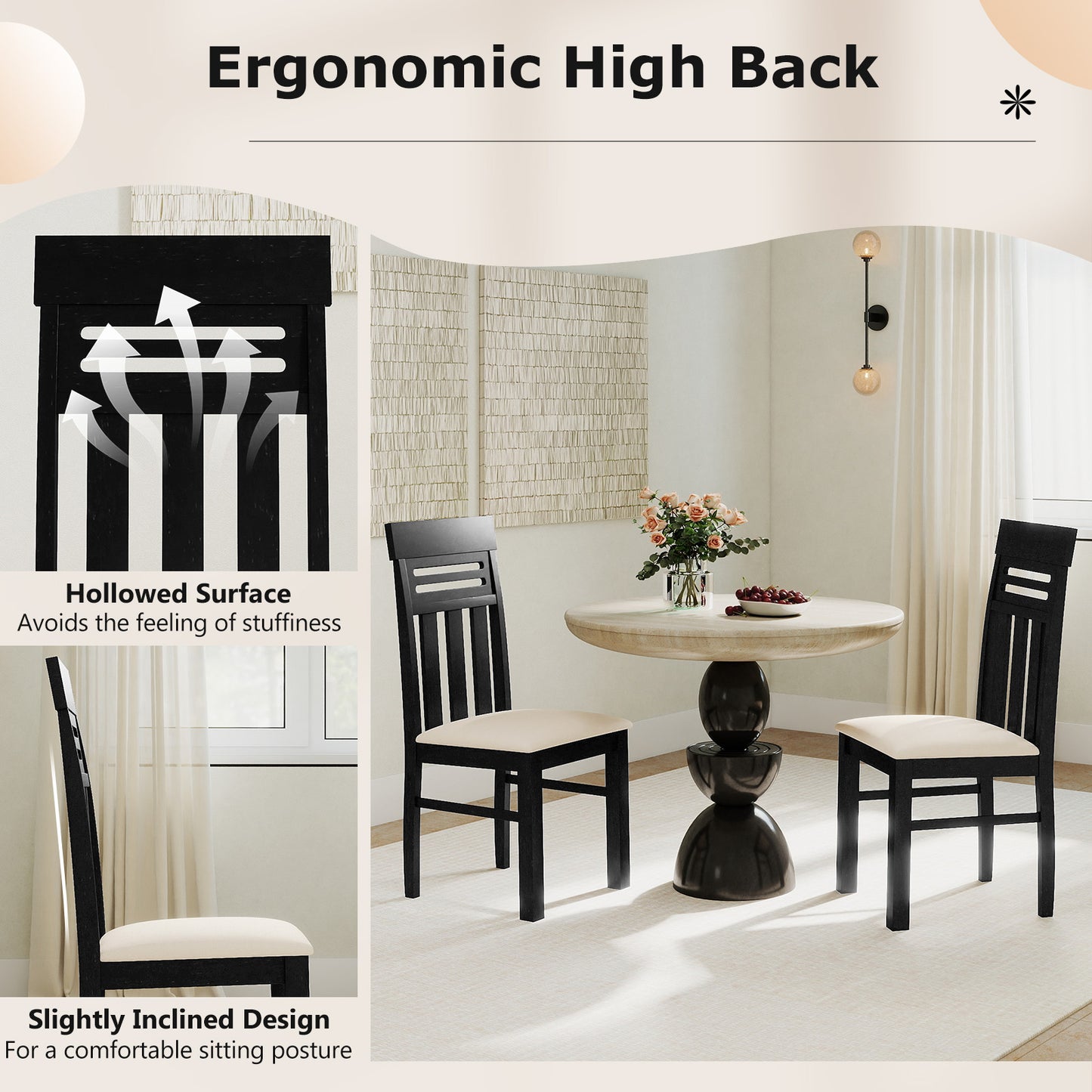 High Back Dining Chairs Set of 2 with Ergonomic Support
