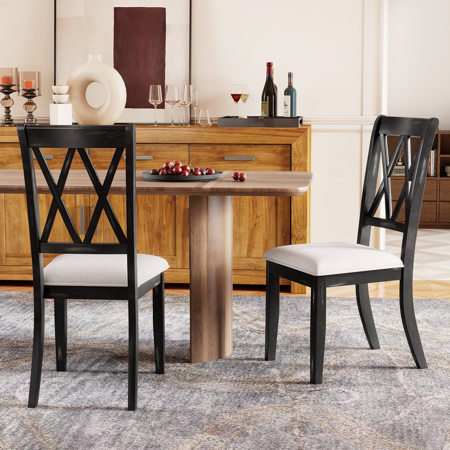 Cross Back Dining Chairs Set of 2 with Upholstered Seats