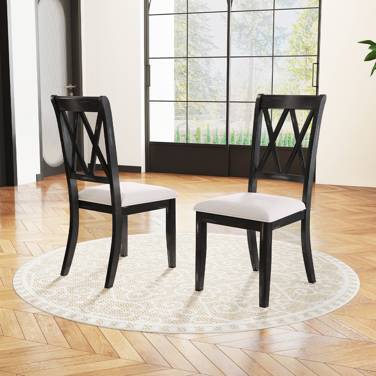 Cross Back Dining Chairs Set of 2 with Upholstered Seats