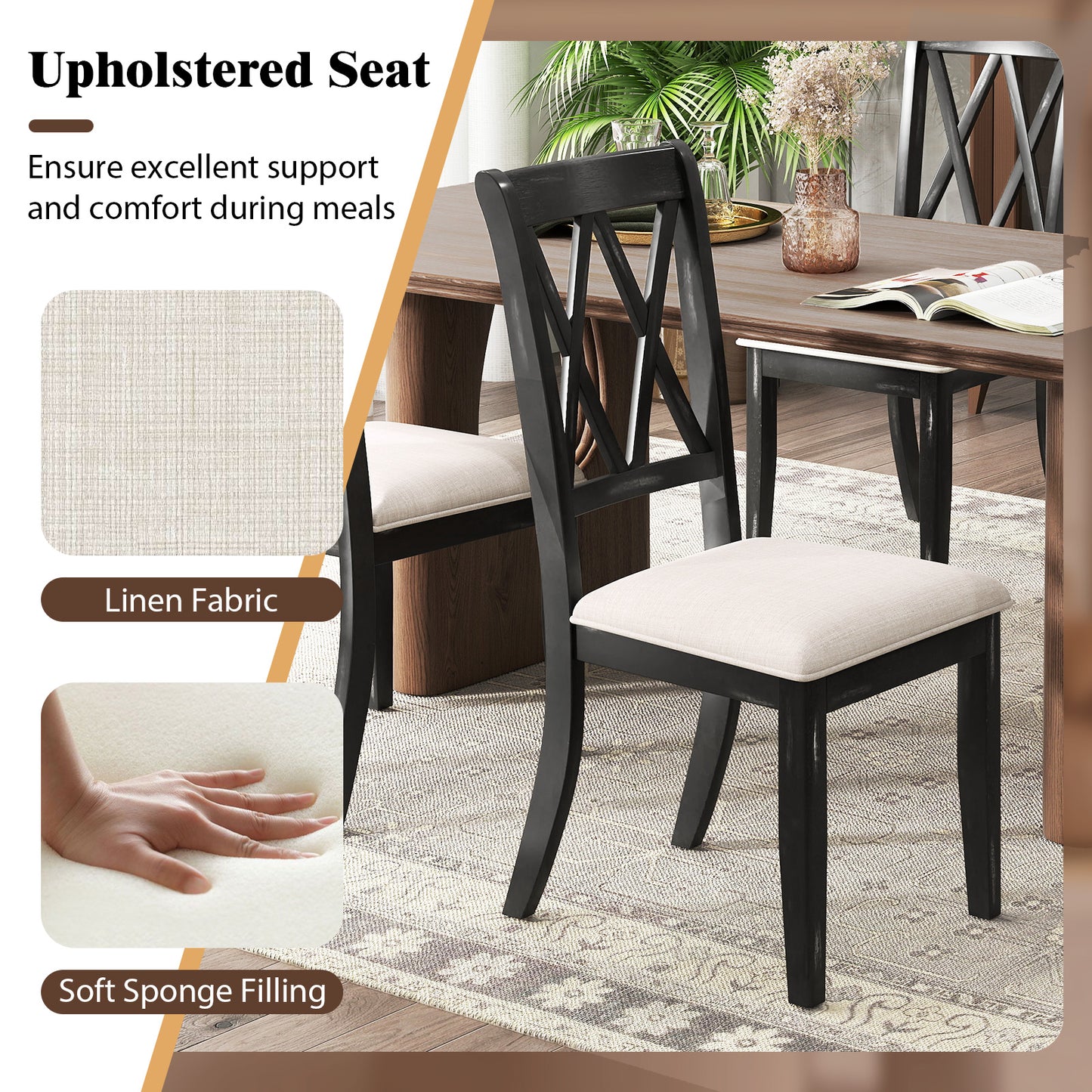 Cross Back Dining Chairs Set of 2 with Upholstered Seats