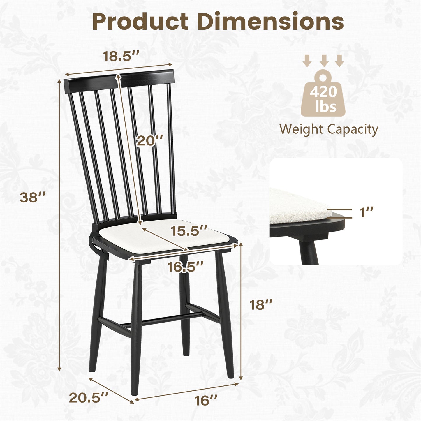 Windsor Dining Chairs Set of 2 with Removable Cushions