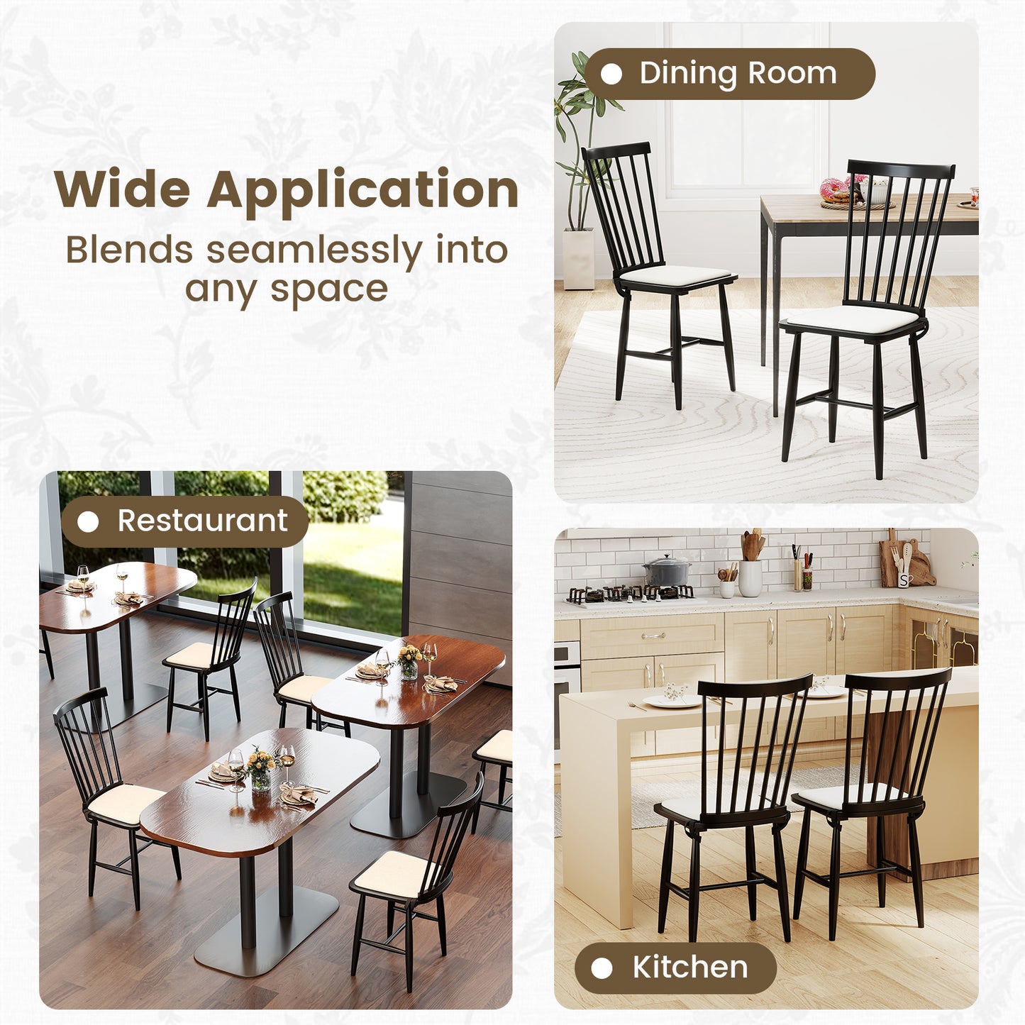 Windsor Dining Chairs Set of 2 with Removable Cushions