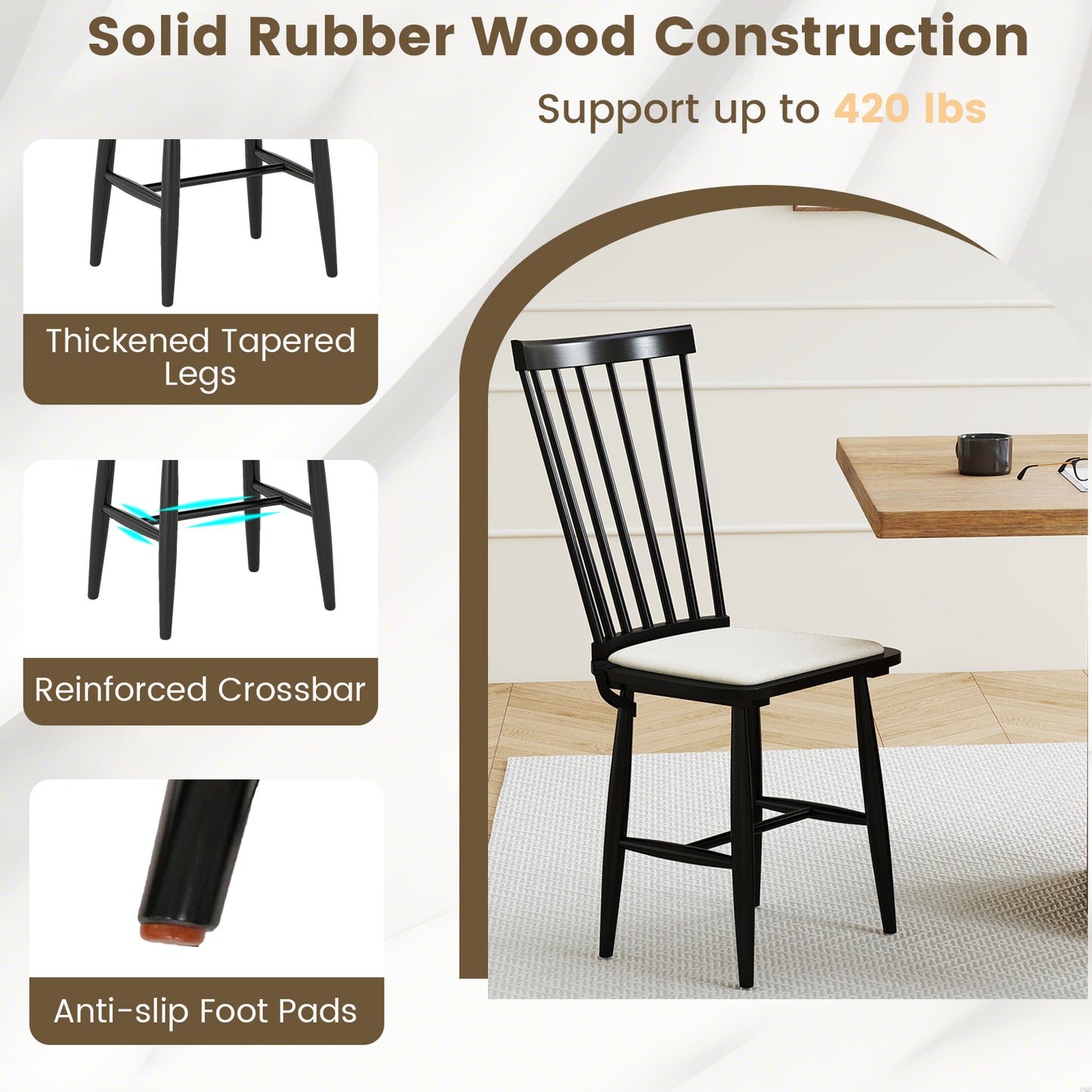 Windsor Dining Chairs Set of 2 with Removable Cushions