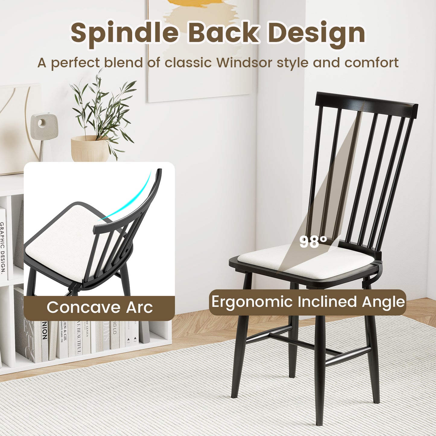 Windsor Dining Chairs Set of 2 with Removable Cushions