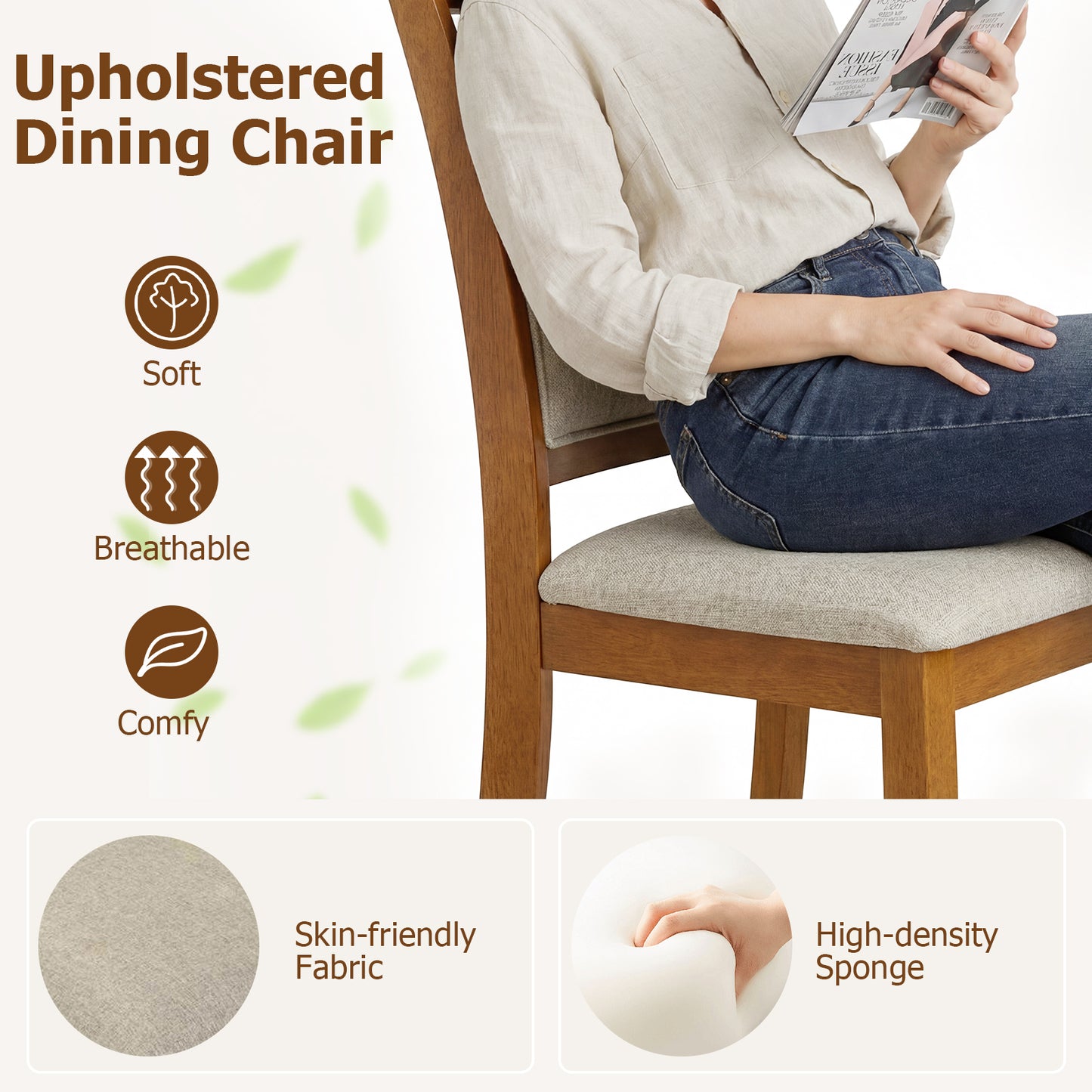 Upholstered Dining Chairs Set of 2 with Rubber Wood Frame