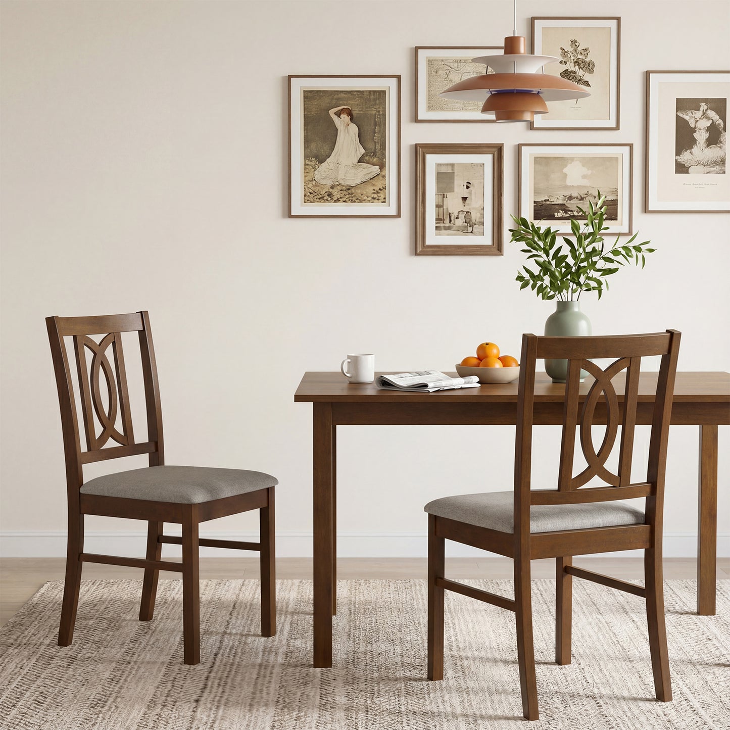 Rubber Wood Dining Chairs Set of 2 with Hollowed Backrest