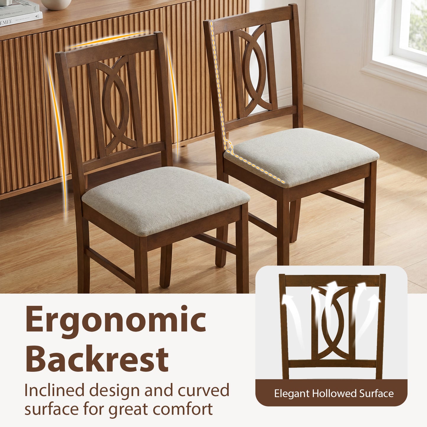Rubber Wood Dining Chairs Set of 2 with Hollowed Backrest