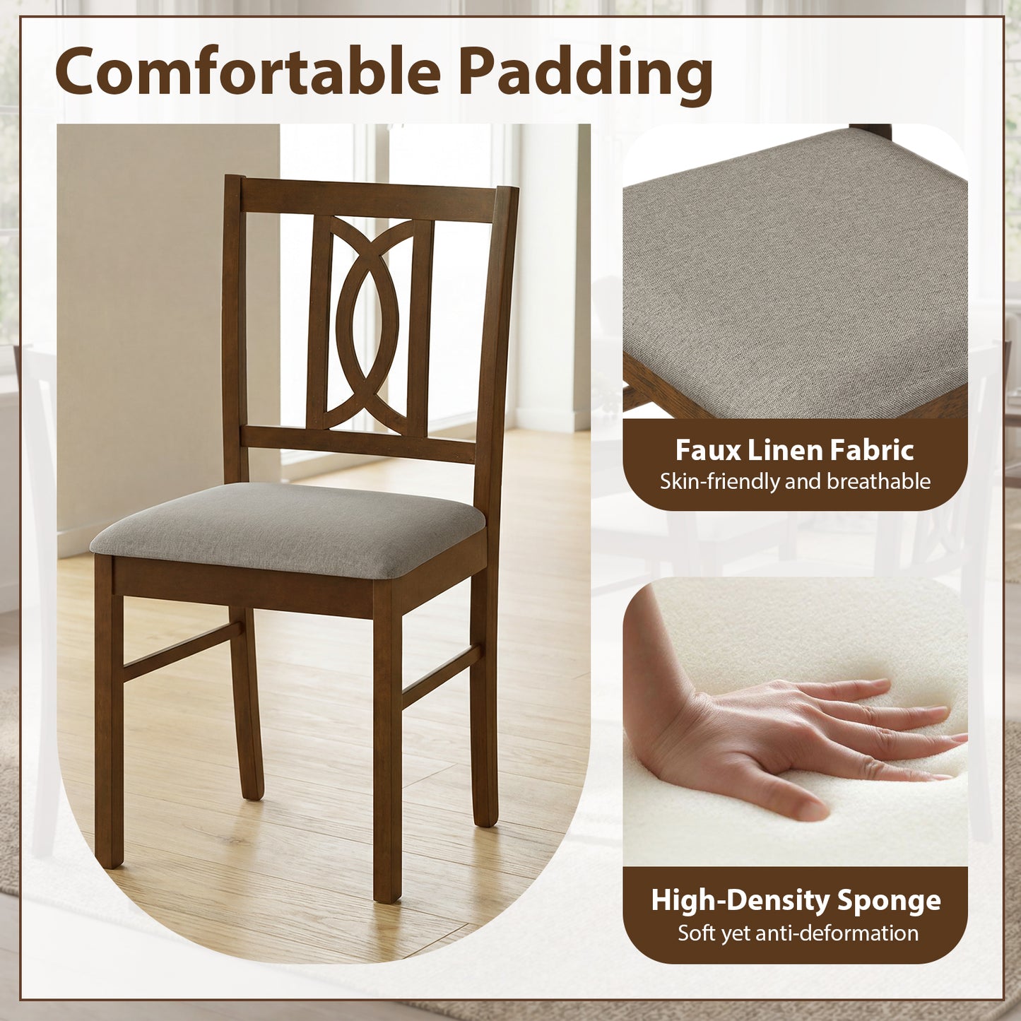 Rubber Wood Dining Chairs Set of 2 with Hollowed Backrest